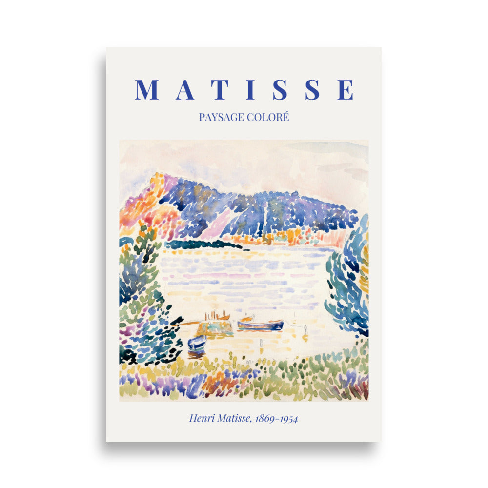 Plakat med Henri Matisses kunst, der viser organiske linjer og flydende former i en farverig palet af pink, blågrøn og orange