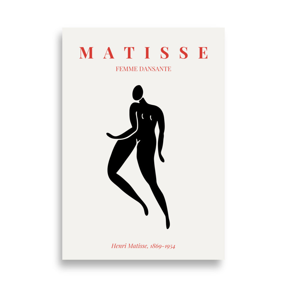En plakat i stil med Matisse med organiske linjer der former en dansende kvinde i bevægelse.