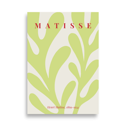 Grøn matisse plakat med rød tekst og plante i minimalistisk design 70x100 cm