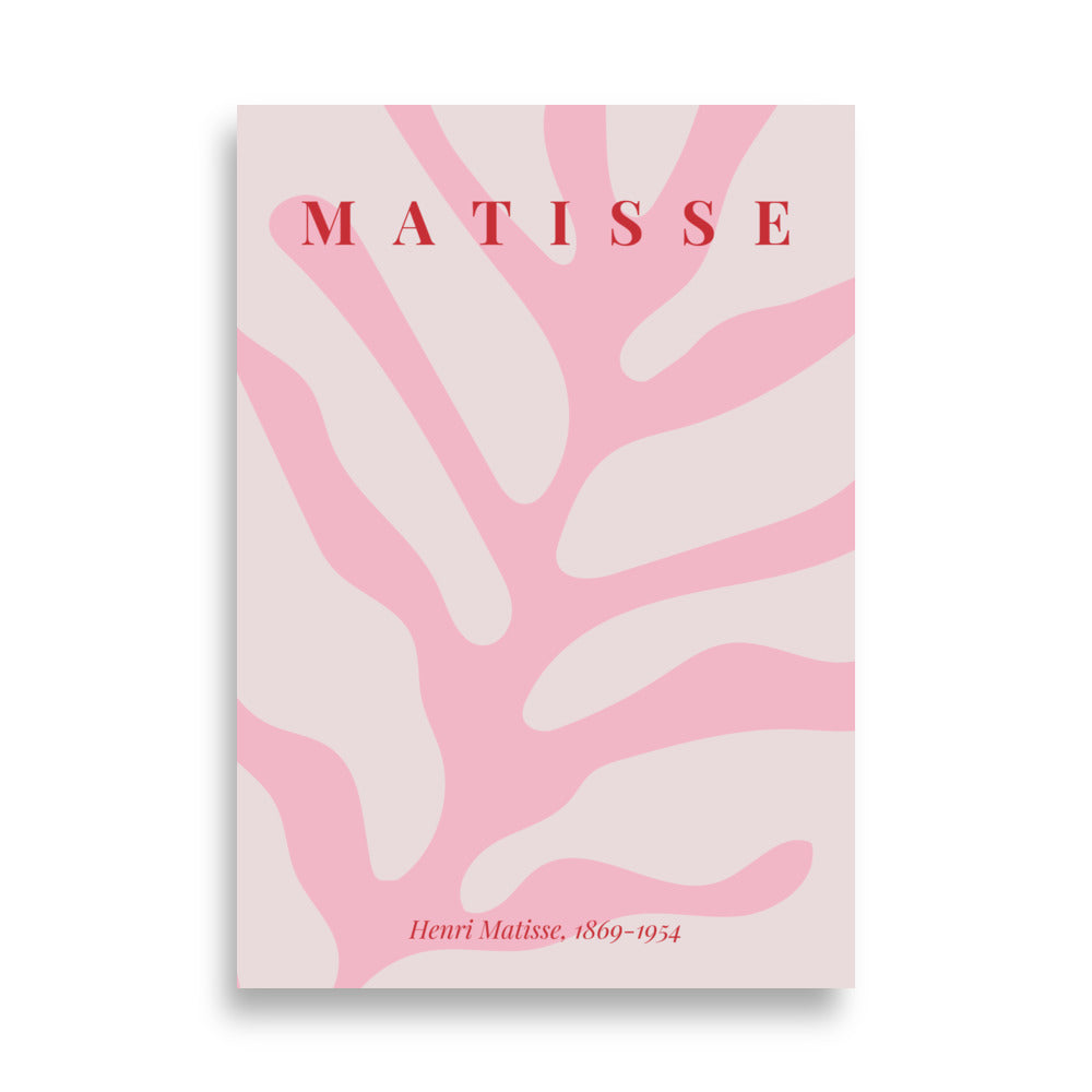 Pink matisse plakat med rød tekst og plante i minimalistisk design 70x100 cm