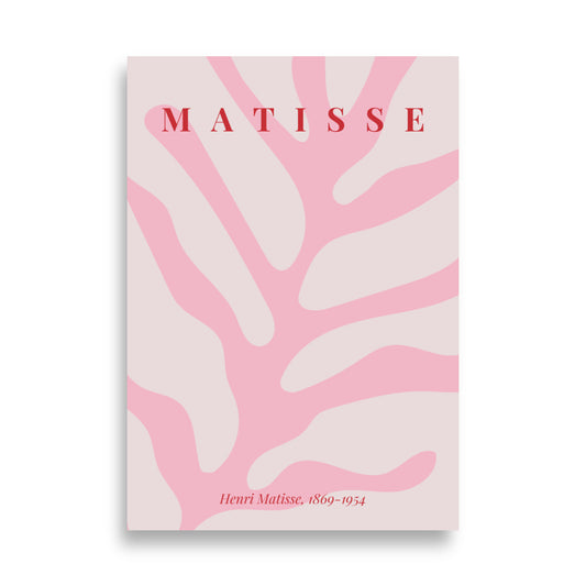 Pink matisse plakat med rød tekst og plante i minimalistisk design 70x100 cm
